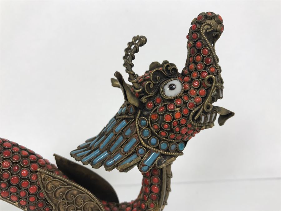 Old Nepalese Tibetan Brass Filigree Dragon Serpent With Inlayed Coral And Turquoise [Photo 21]
