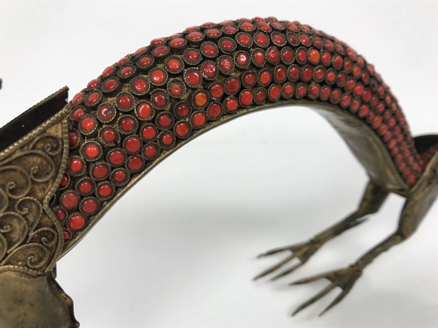 Old Nepalese Tibetan Brass Filigree Dragon Serpent With Inlayed Coral And Turquoise [Photo 8]