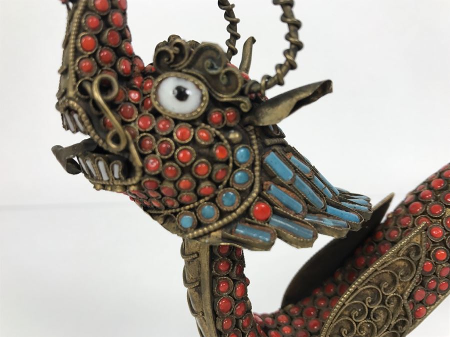 Old Nepalese Tibetan Brass Filigree Dragon Serpent With Inlayed Coral And Turquoise [Photo 5]