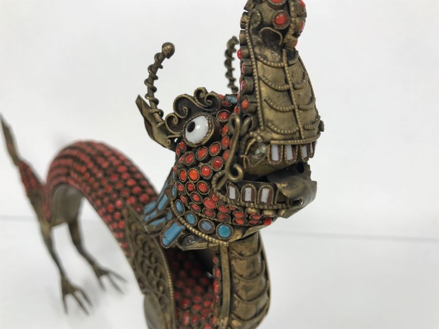 Old Nepalese Tibetan Brass Filigree Dragon Serpent With Inlayed Coral And Turquoise [Photo 29]