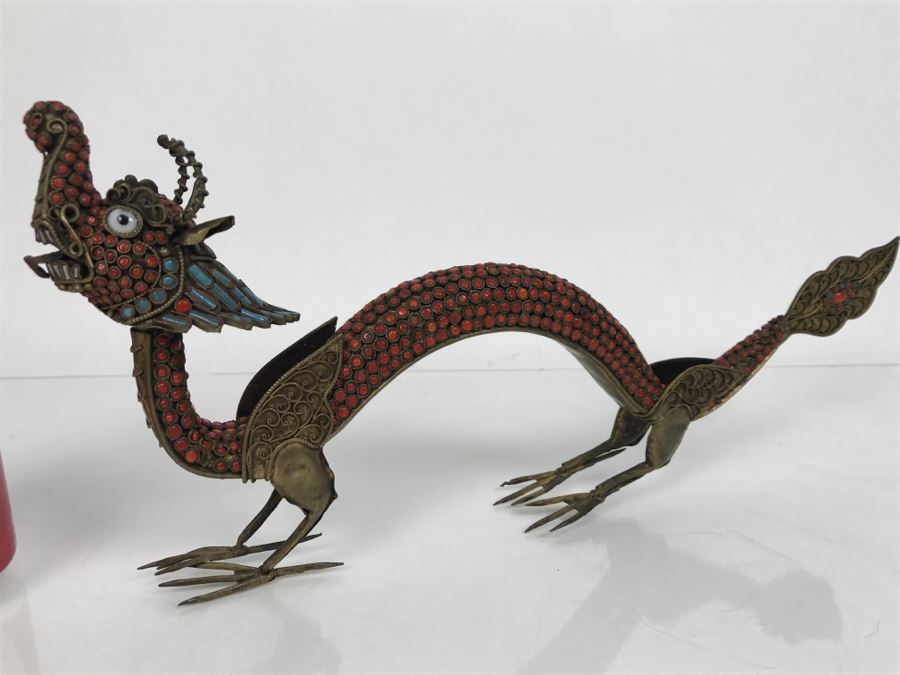Old Nepalese Tibetan Brass Filigree Dragon Serpent With Inlayed Coral And Turquoise