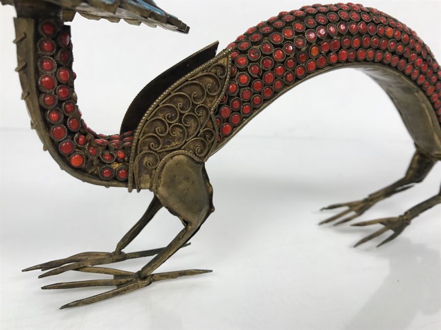 Old Nepalese Tibetan Brass Filigree Dragon Serpent With Inlayed Coral And Turquoise [Photo 7]