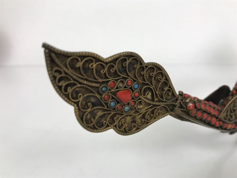 Old Nepalese Tibetan Brass Filigree Dragon Serpent With Inlayed Coral And Turquoise [Photo 17]