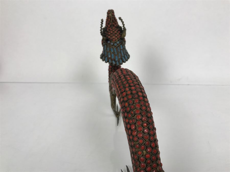 Old Nepalese Tibetan Brass Filigree Dragon Serpent With Inlayed Coral And Turquoise [Photo 14]