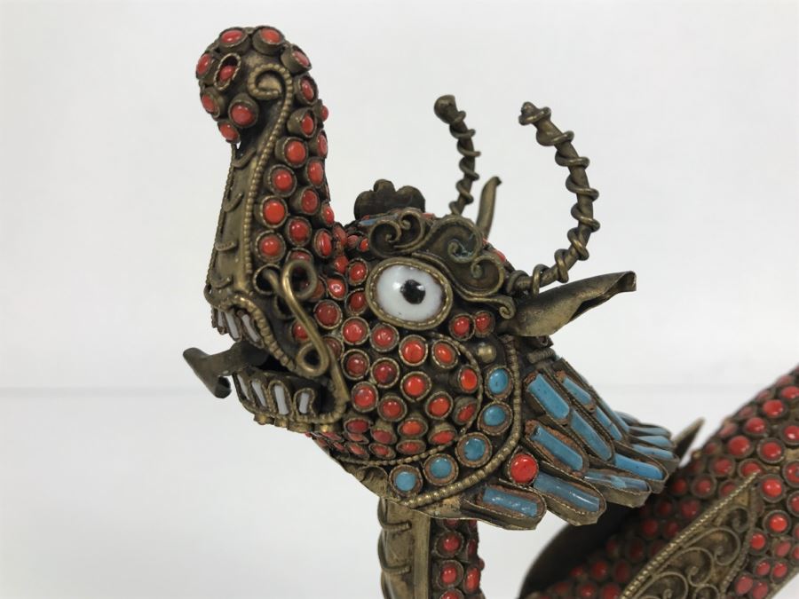 Old Nepalese Tibetan Brass Filigree Dragon Serpent With Inlayed Coral And Turquoise [Photo 4]