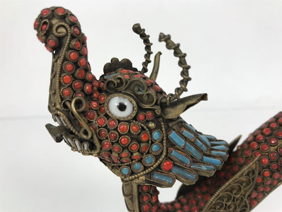 Old Nepalese Tibetan Brass Filigree Dragon Serpent With Inlayed Coral And Turquoise [Photo 6]