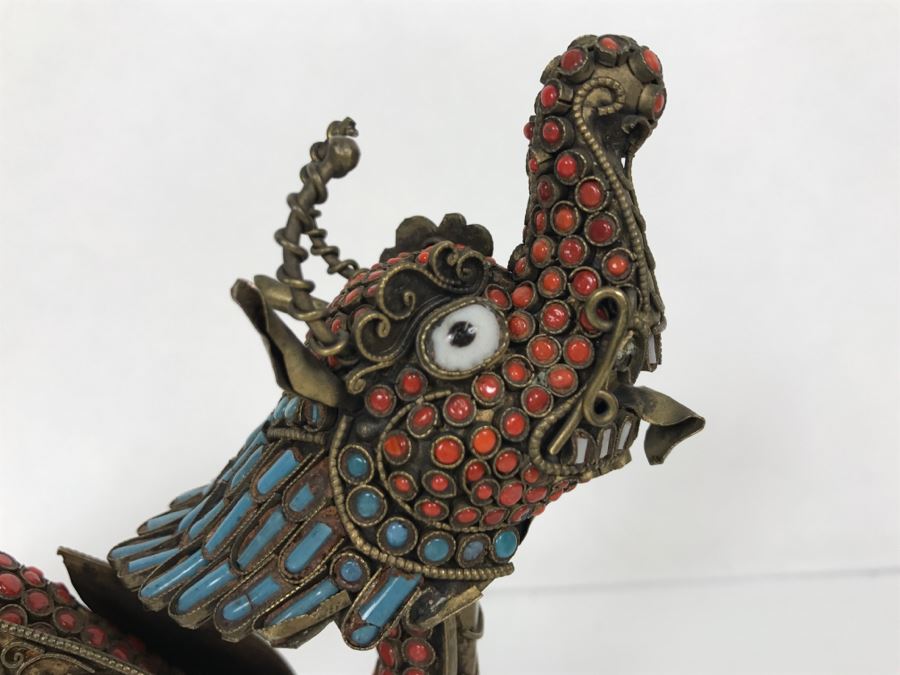 Old Nepalese Tibetan Brass Filigree Dragon Serpent With Inlayed Coral And Turquoise [Photo 22]