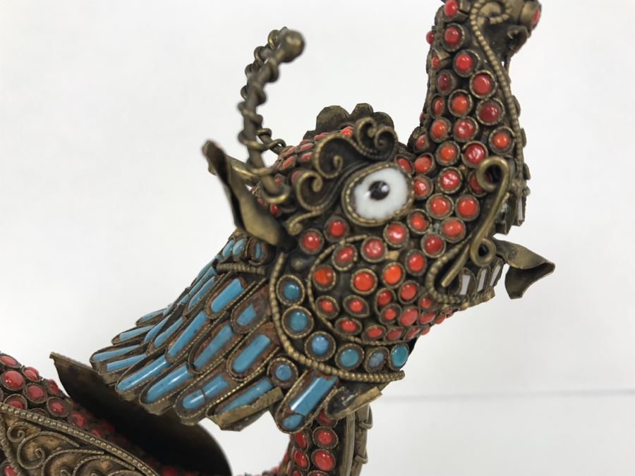 Old Nepalese Tibetan Brass Filigree Dragon Serpent With Inlayed Coral And Turquoise [Photo 23]
