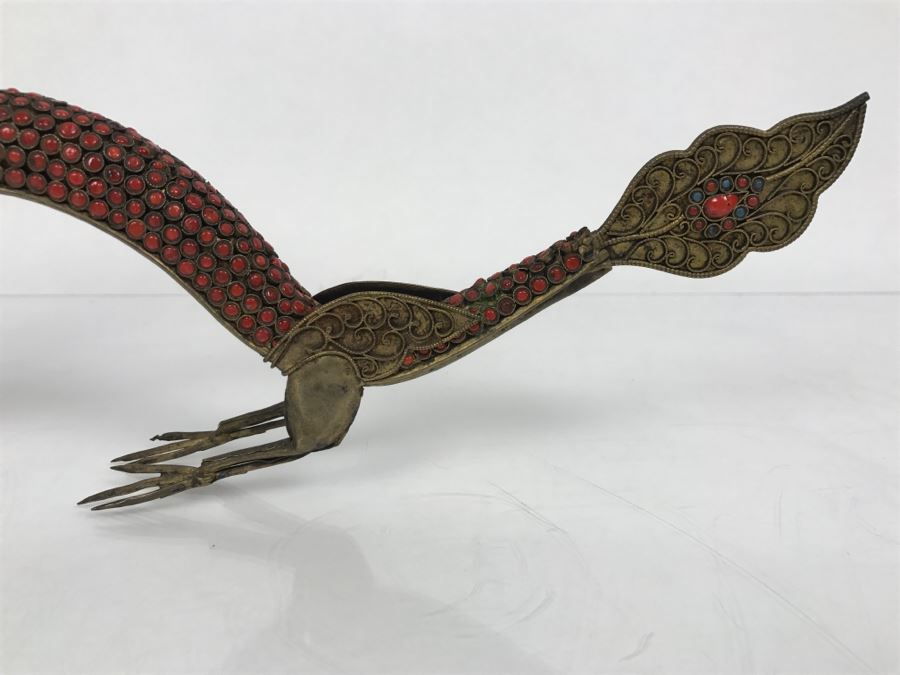 Old Nepalese Tibetan Brass Filigree Dragon Serpent With Inlayed Coral And Turquoise [Photo 9]