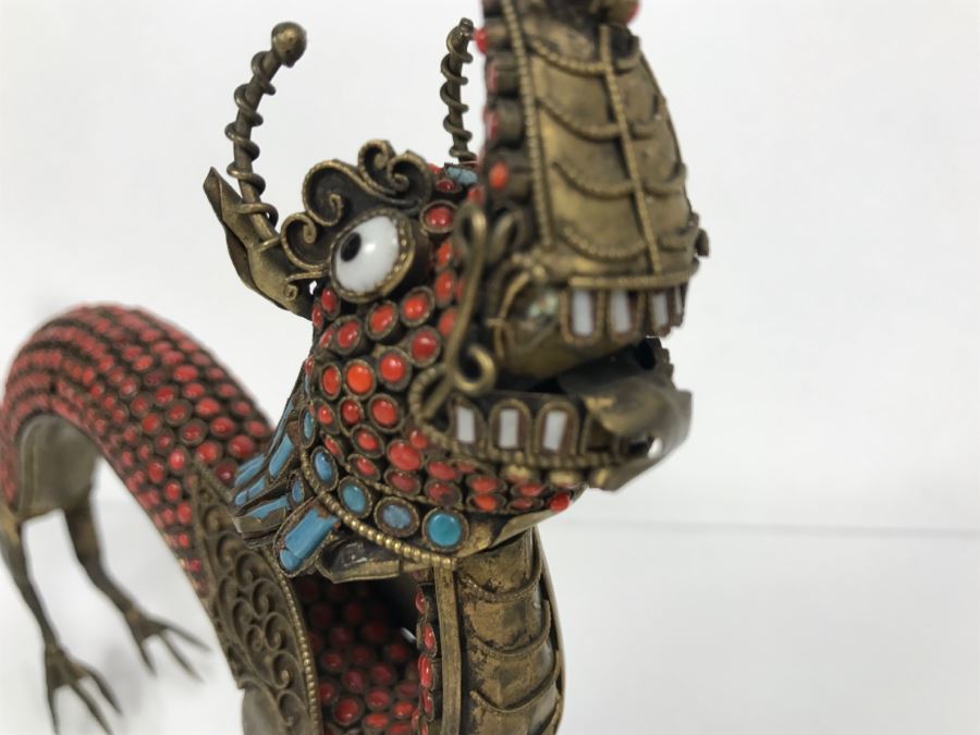 Old Nepalese Tibetan Brass Filigree Dragon Serpent With Inlayed Coral And Turquoise [Photo 28]