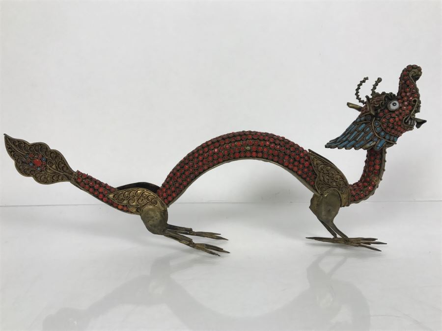 Old Nepalese Tibetan Brass Filigree Dragon Serpent With Inlayed Coral And Turquoise [Photo 19]