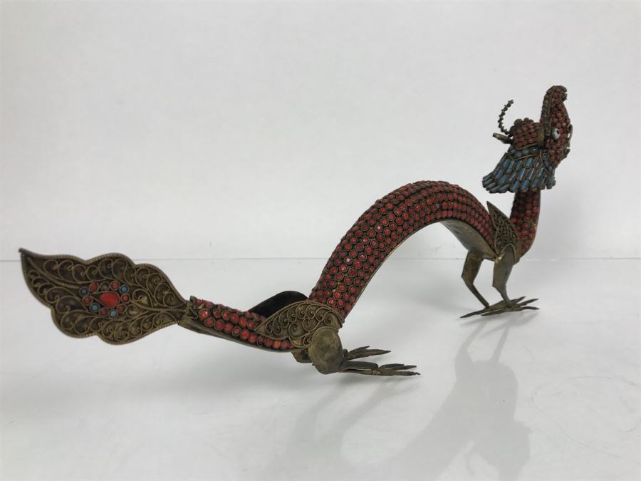 Old Nepalese Tibetan Brass Filigree Dragon Serpent With Inlayed Coral And Turquoise [Photo 18]