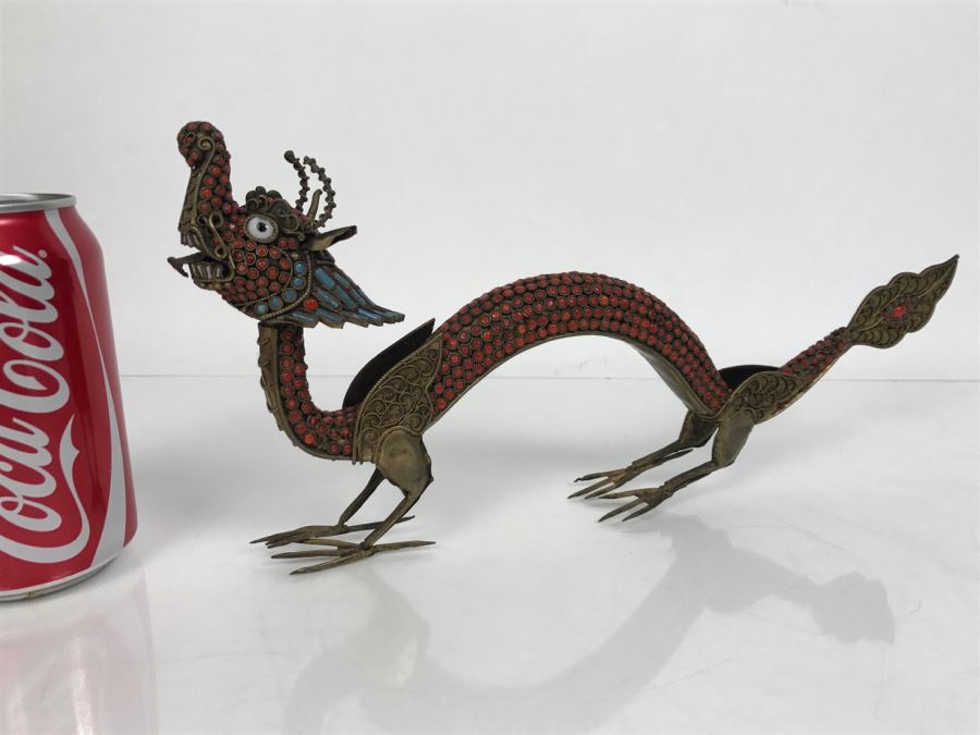 Old Nepalese Tibetan Brass Filigree Dragon Serpent With Inlayed Coral And Turquoise [Photo 2]