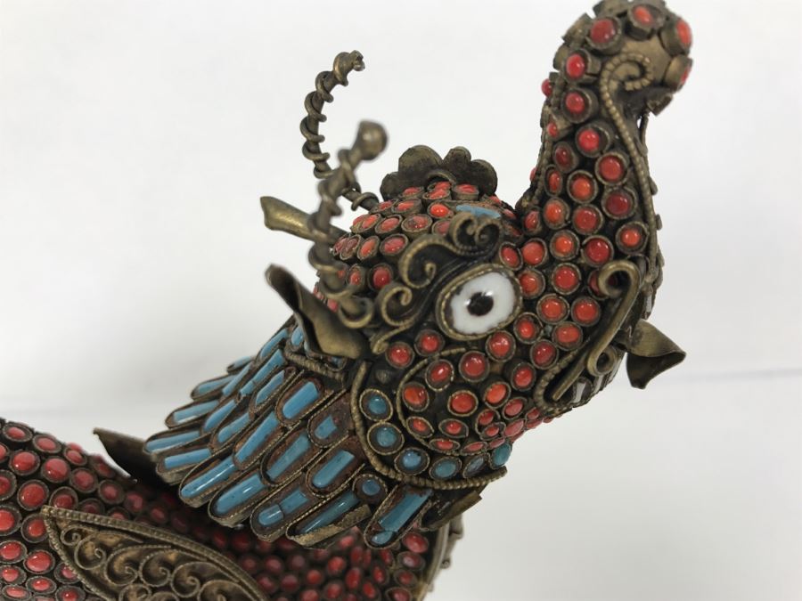 Old Nepalese Tibetan Brass Filigree Dragon Serpent With Inlayed Coral And Turquoise [Photo 24]