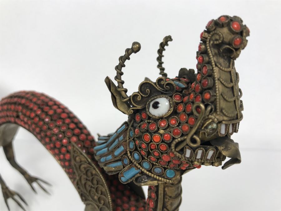 Old Nepalese Tibetan Brass Filigree Dragon Serpent With Inlayed Coral And Turquoise [Photo 27]