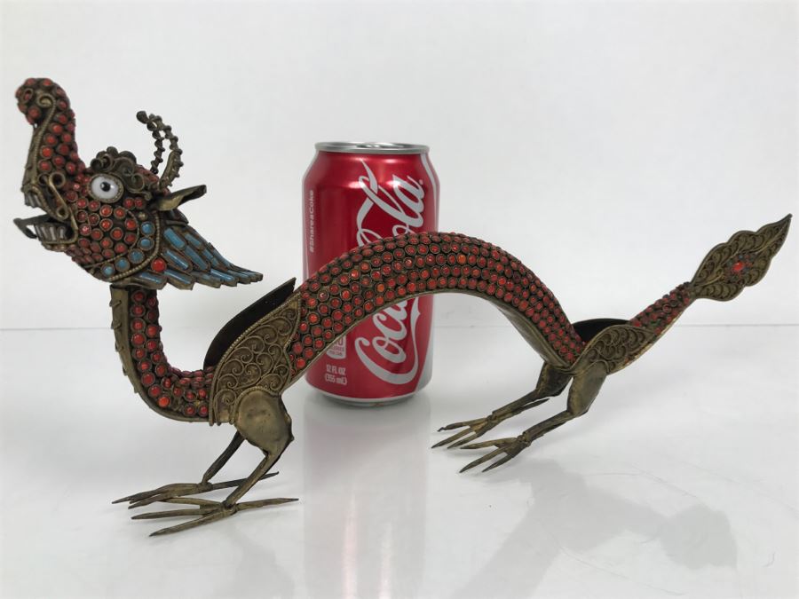 Old Nepalese Tibetan Brass Filigree Dragon Serpent With Inlayed Coral And Turquoise [Photo 3]