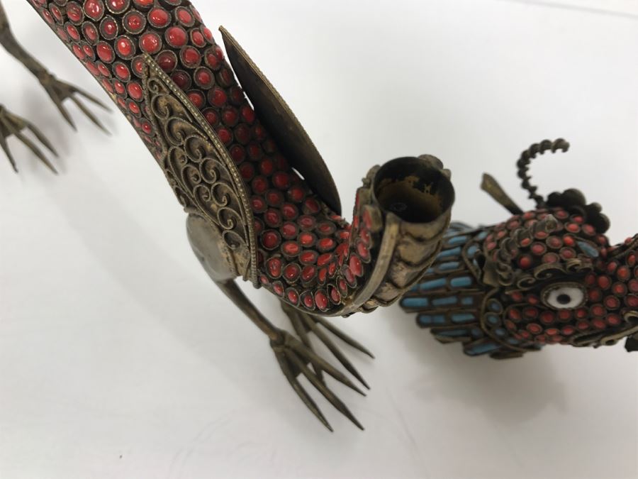 Old Nepalese Tibetan Brass Filigree Dragon Serpent With Inlayed Coral And Turquoise [Photo 32]