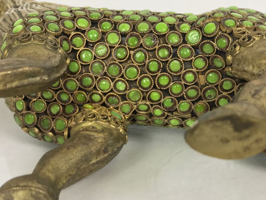 Old Nepalese Tibetan Brass Filigree Lion With Inlayed Nephrite Jade [Photo 24]