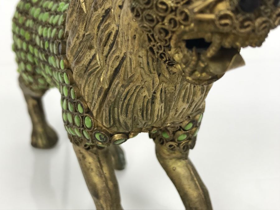 Old Nepalese Tibetan Brass Filigree Lion With Inlayed Nephrite Jade [Photo 12]