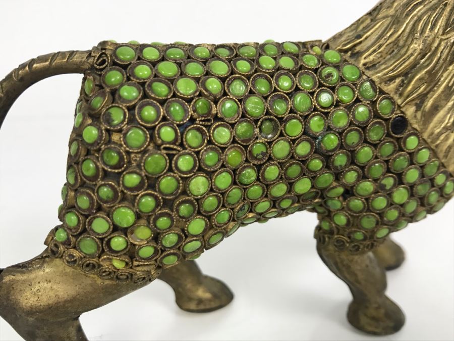 Old Nepalese Tibetan Brass Filigree Lion With Inlayed Nephrite Jade [Photo 17]