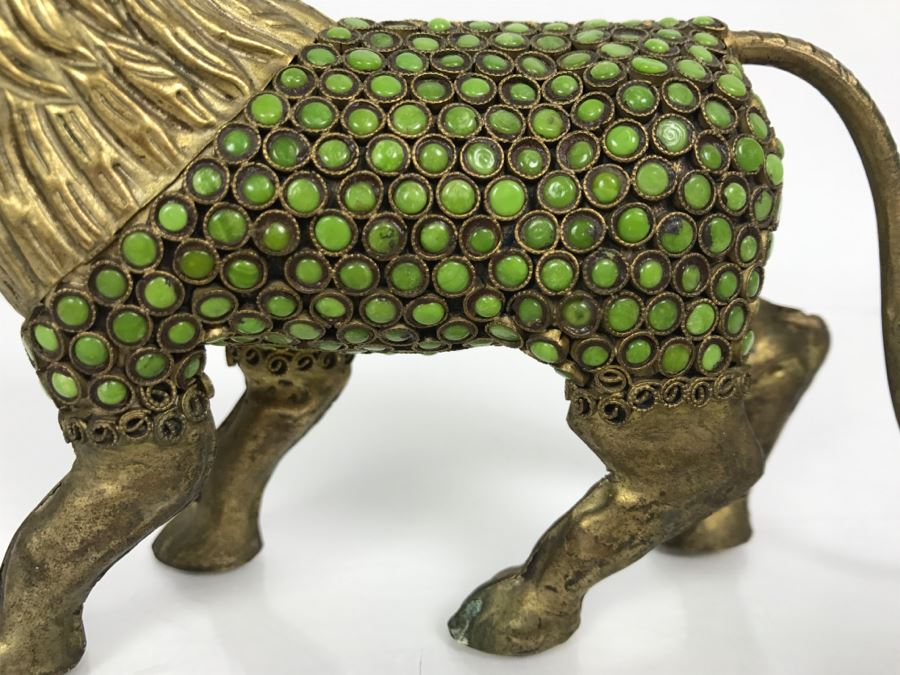 Old Nepalese Tibetan Brass Filigree Lion With Inlayed Nephrite Jade [Photo 5]