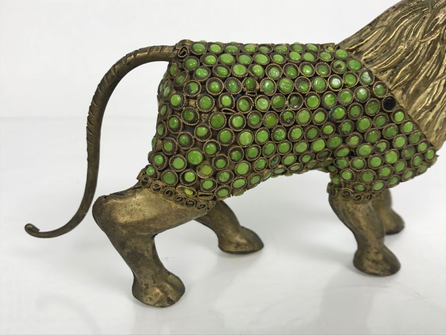 Old Nepalese Tibetan Brass Filigree Lion With Inlayed Nephrite Jade [Photo 16]