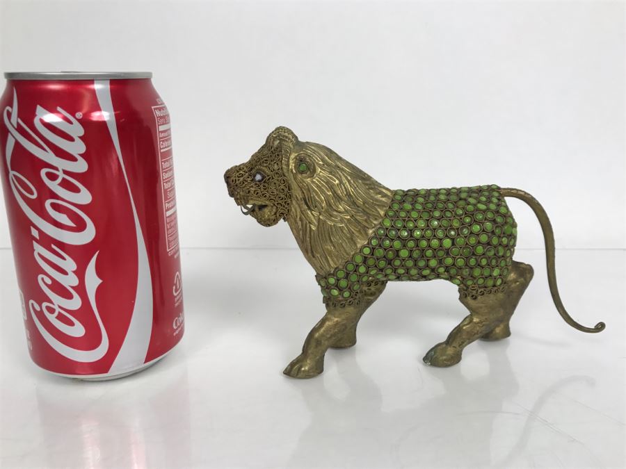 Old Nepalese Tibetan Brass Filigree Lion With Inlayed Nephrite Jade [Photo 2]