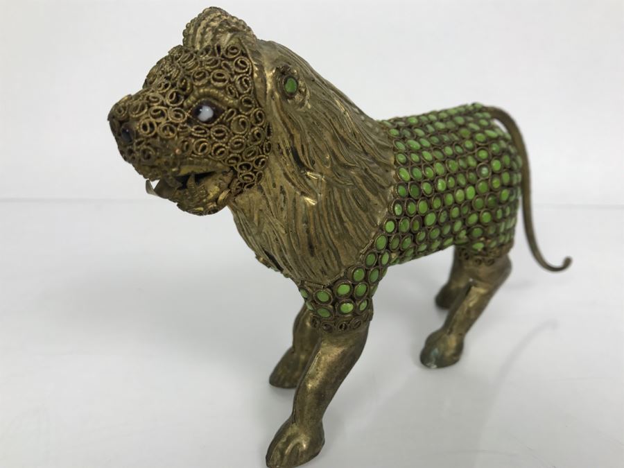 Old Nepalese Tibetan Brass Filigree Lion With Inlayed Nephrite Jade [Photo 7]