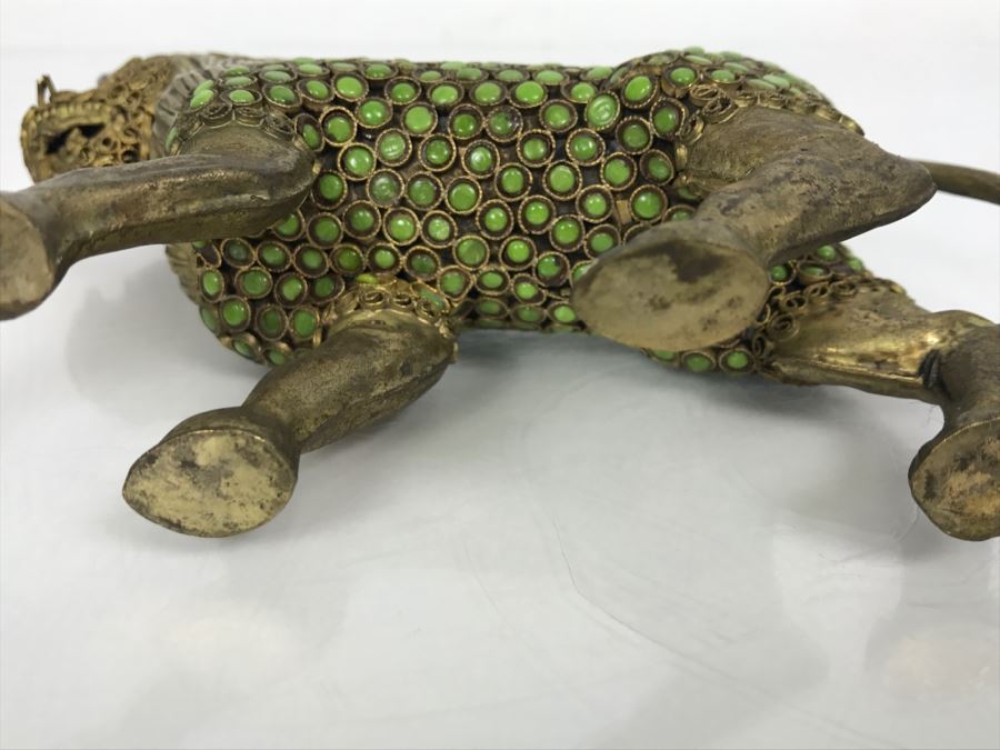 Old Nepalese Tibetan Brass Filigree Lion With Inlayed Nephrite Jade [Photo 23]