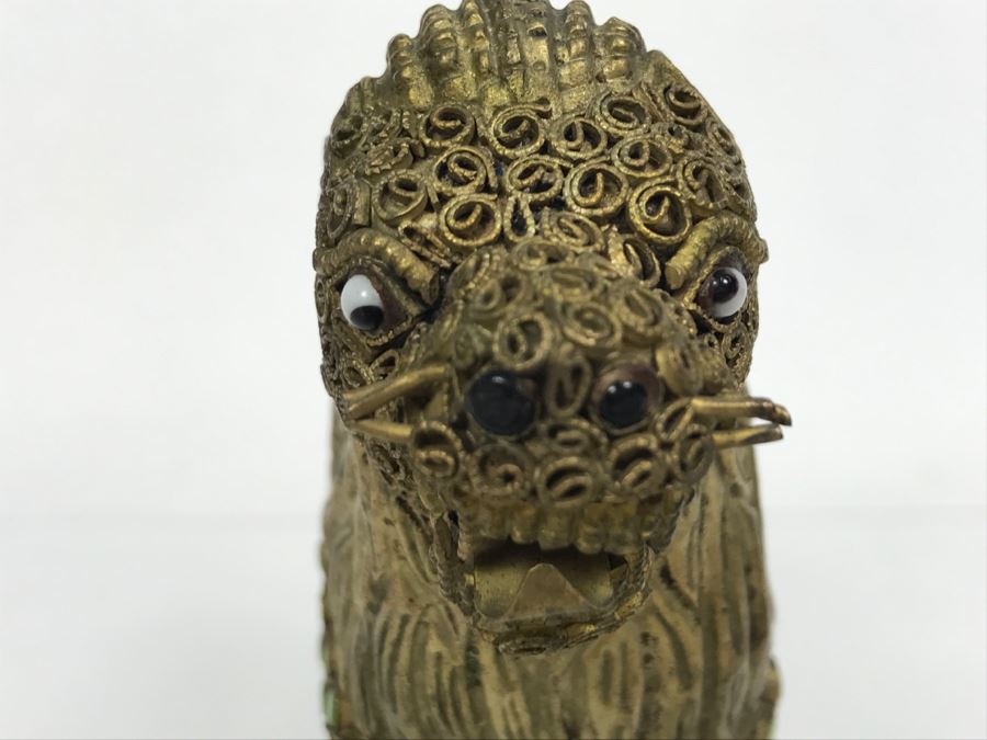 Old Nepalese Tibetan Brass Filigree Lion With Inlayed Nephrite Jade [Photo 10]