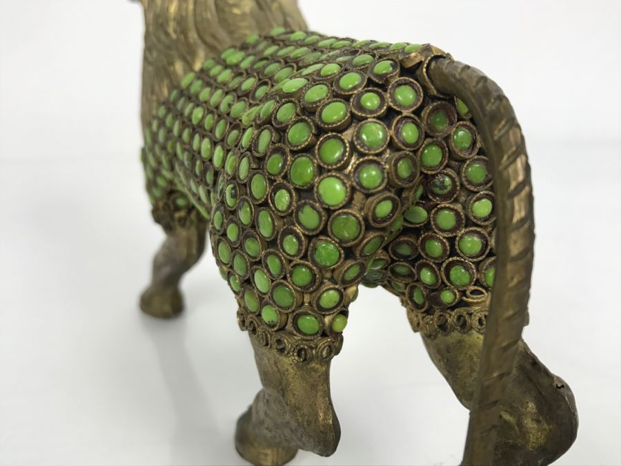 Old Nepalese Tibetan Brass Filigree Lion With Inlayed Nephrite Jade [Photo 20]