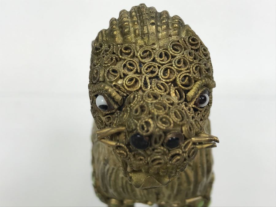 Old Nepalese Tibetan Brass Filigree Lion With Inlayed Nephrite Jade [Photo 9]