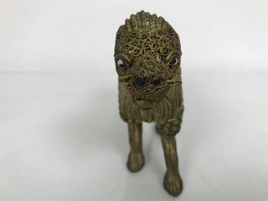 Old Nepalese Tibetan Brass Filigree Lion With Inlayed Nephrite Jade [Photo 8]