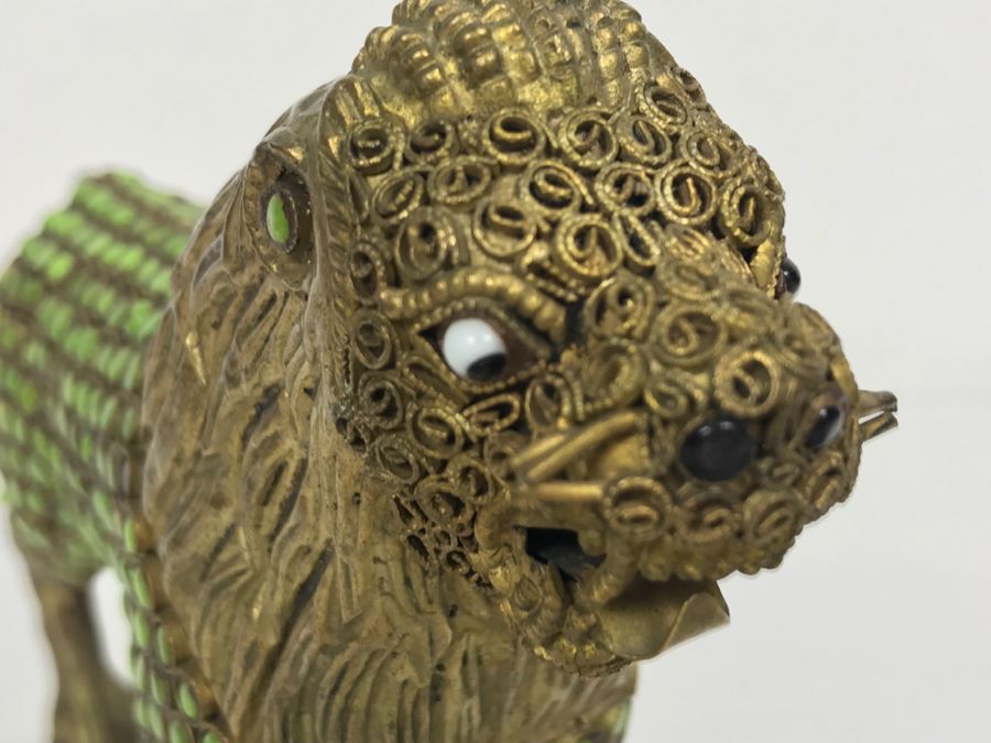 Old Nepalese Tibetan Brass Filigree Lion With Inlayed Nephrite Jade [Photo 11]