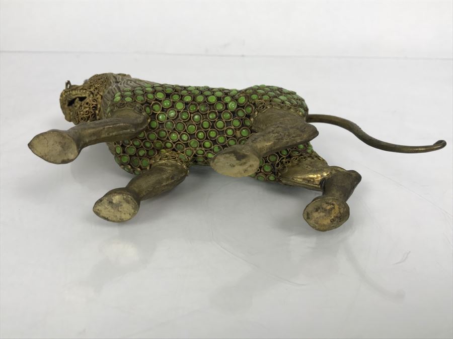 Old Nepalese Tibetan Brass Filigree Lion With Inlayed Nephrite Jade [Photo 22]