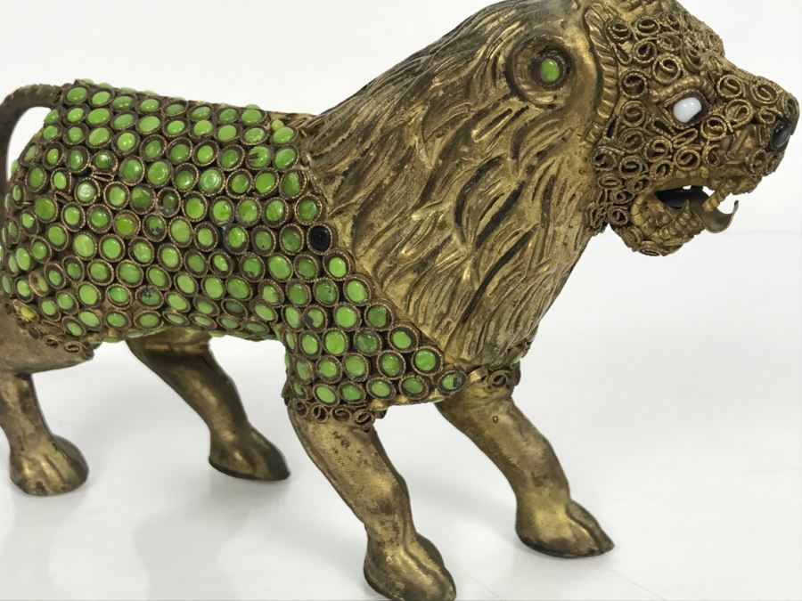 Old Nepalese Tibetan Brass Filigree Lion With Inlayed Nephrite Jade [Photo 14]