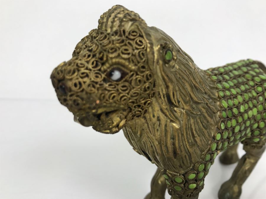 Old Nepalese Tibetan Brass Filigree Lion With Inlayed Nephrite Jade [Photo 6]
