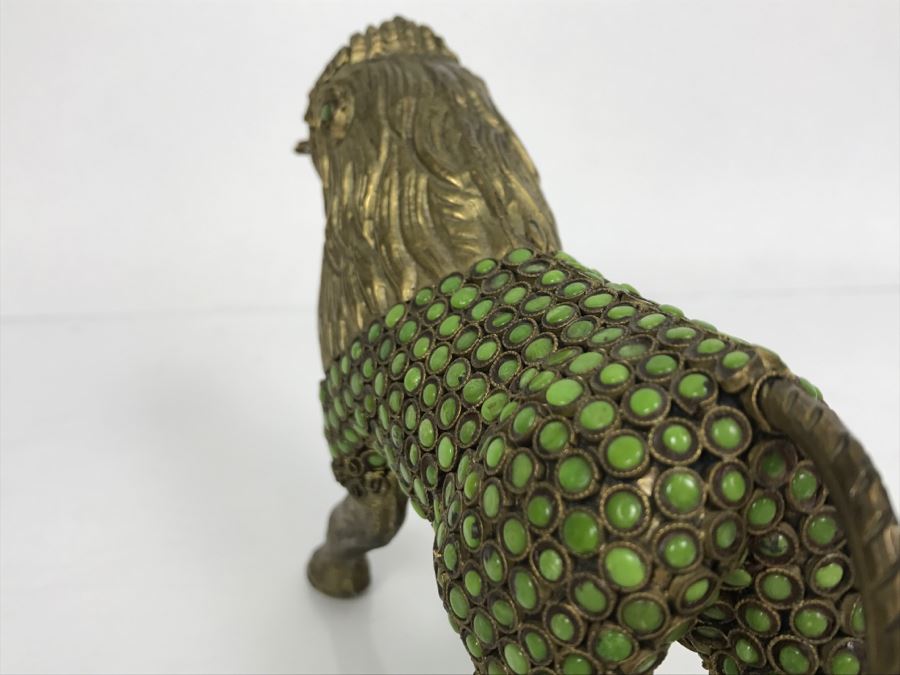 Old Nepalese Tibetan Brass Filigree Lion With Inlayed Nephrite Jade [Photo 21]