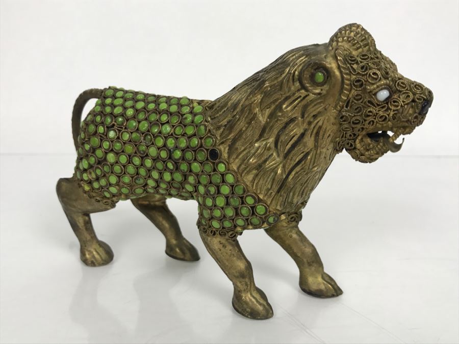 Old Nepalese Tibetan Brass Filigree Lion With Inlayed Nephrite Jade [Photo 15]