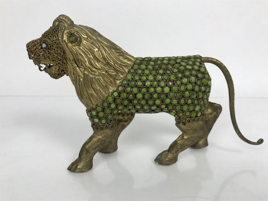 Old Nepalese Tibetan Brass Filigree Lion With Inlayed Nephrite Jade [Photo 3]