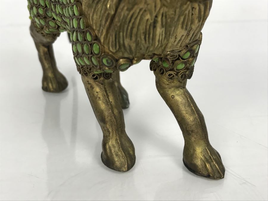 Old Nepalese Tibetan Brass Filigree Lion With Inlayed Nephrite Jade [Photo 13]