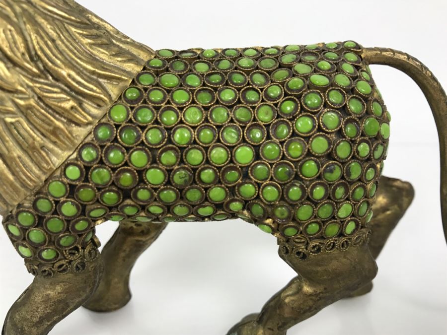 Old Nepalese Tibetan Brass Filigree Lion With Inlayed Nephrite Jade [Photo 4]