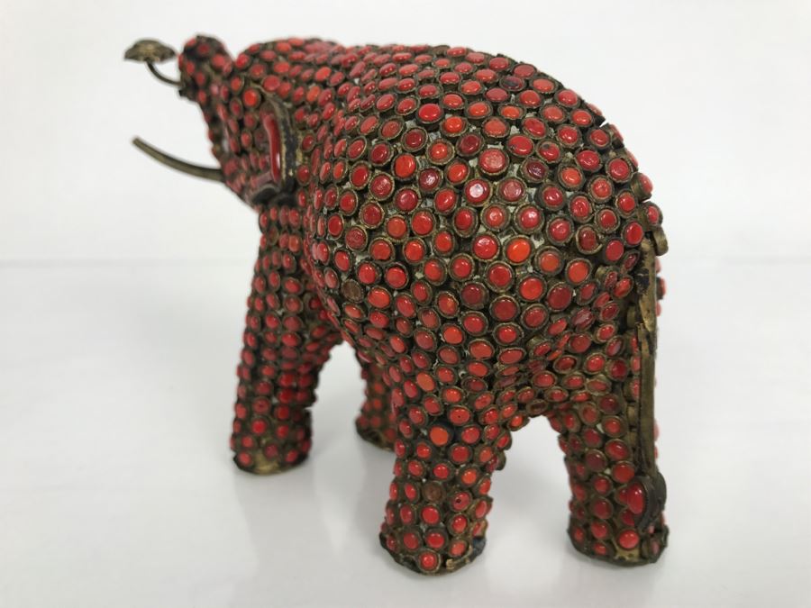 Old Nepalese Tibetan Brass Elephant With Inlayed Coral [Photo 12]