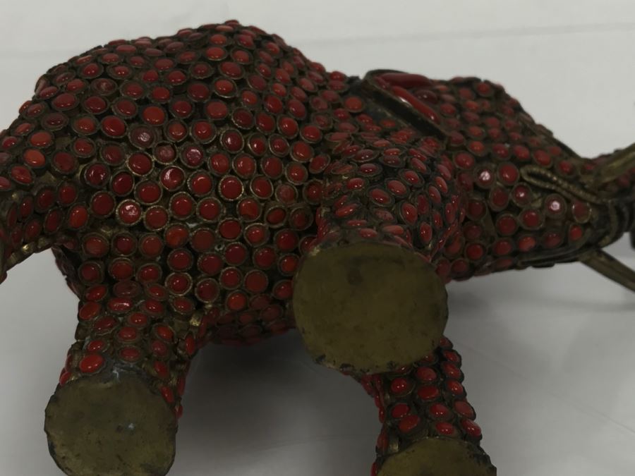 Old Nepalese Tibetan Brass Elephant With Inlayed Coral [Photo 20]
