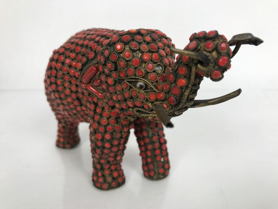 Old Nepalese Tibetan Brass Elephant With Inlayed Coral [Photo 5]
