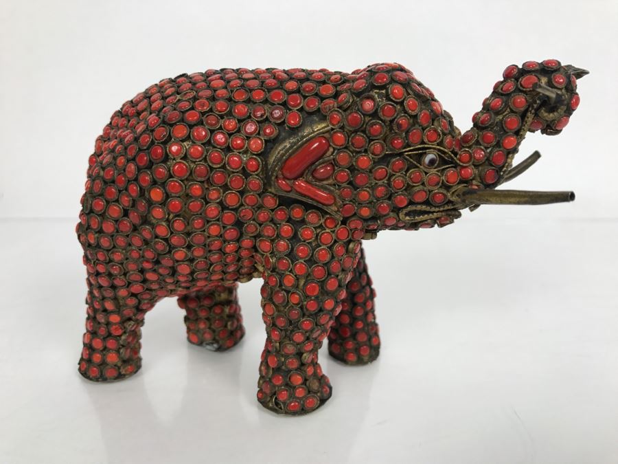 Old Nepalese Tibetan Brass Elephant With Inlayed Coral [Photo 4]