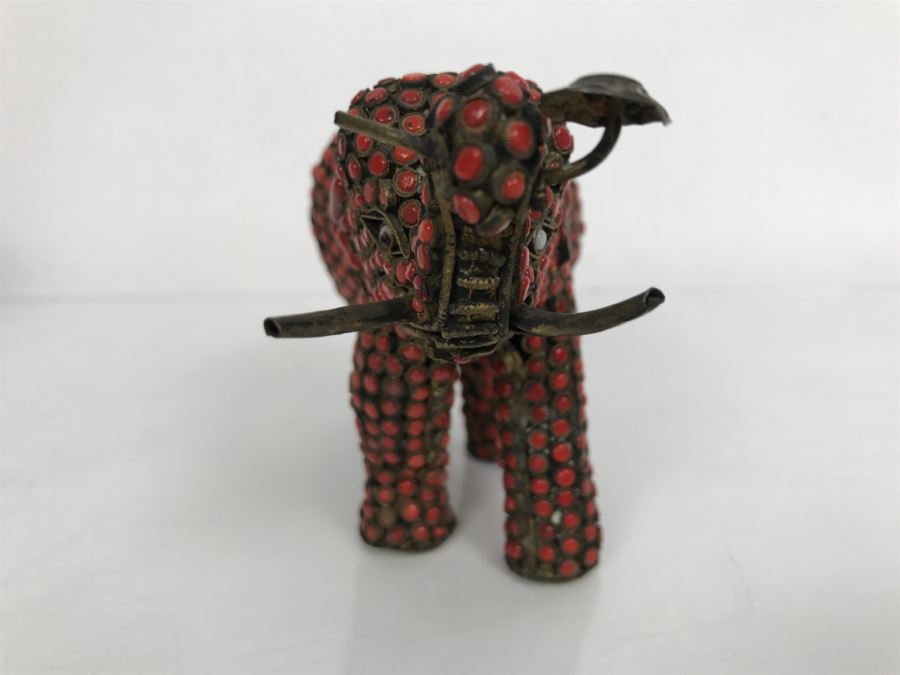 Old Nepalese Tibetan Brass Elephant With Inlayed Coral [Photo 8]