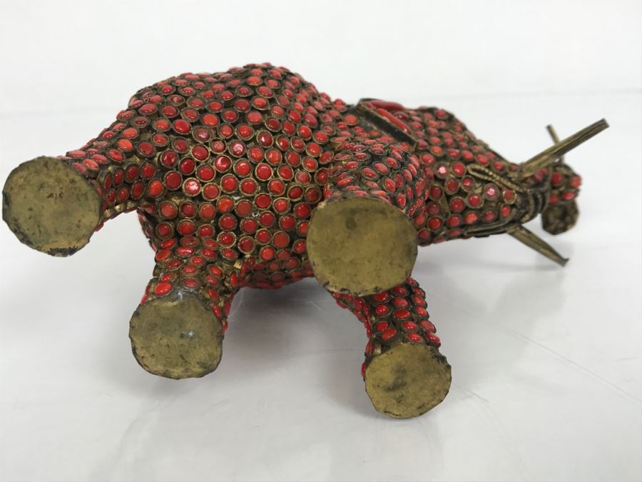 Old Nepalese Tibetan Brass Elephant With Inlayed Coral [Photo 21]