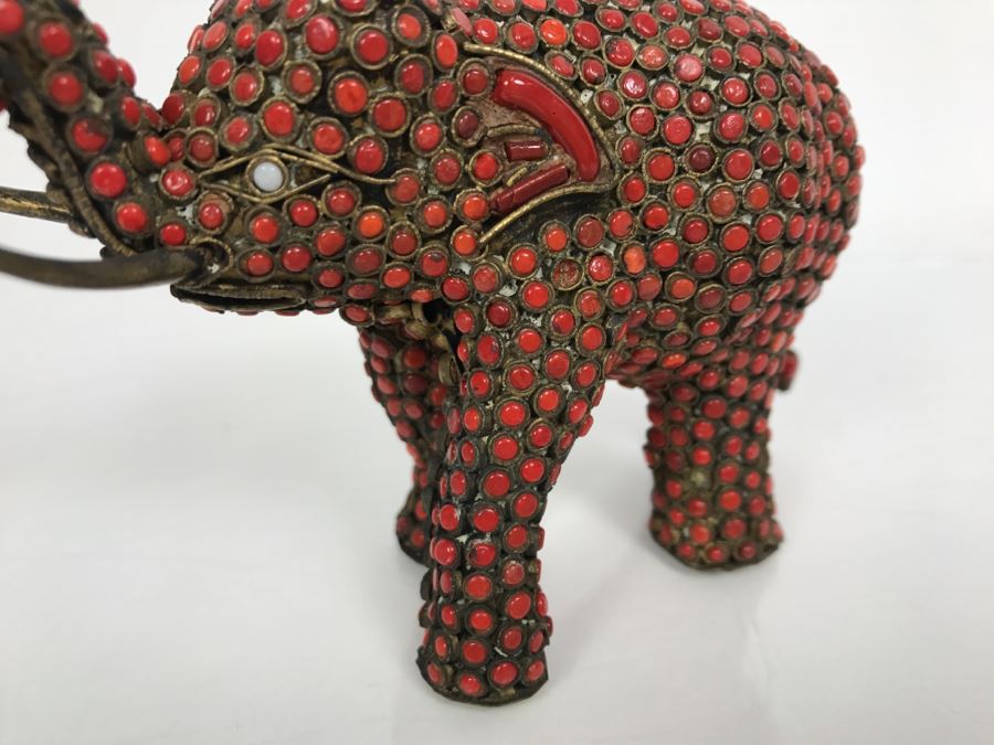 Old Nepalese Tibetan Brass Elephant With Inlayed Coral [Photo 11]