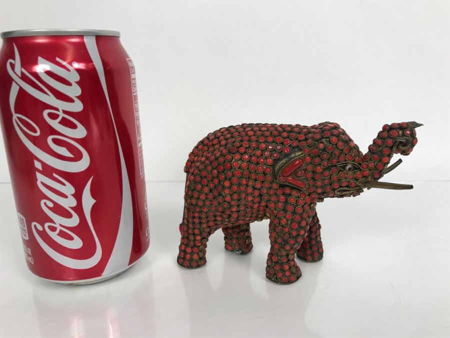 Old Nepalese Tibetan Brass Elephant With Inlayed Coral [Photo 3]